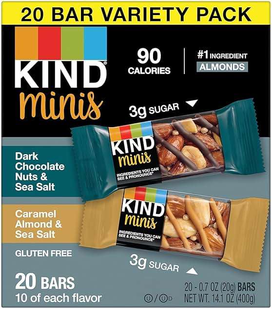 KIND Mini Snack Bars Variety Pack, Gluten Free, Low Sugar, Low Calorie Snacks, Dark Chocolate Nuts & Sea Salt, Caramel Almond & Sea Salt, 20 Count - Image 5
