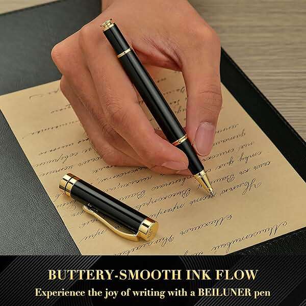 BEILUNER Ballpoint Pens, Stunning Black Chrome Metal Pen with Golden Trim, Best Ball Pen Gift Set for Men & Women, Professional, Executive, Office, Nice Pens-Gift Box with 0.5mm Black Extra Refill - Image 4