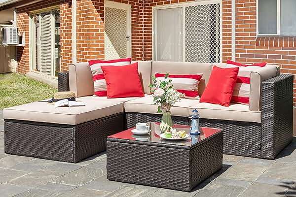 Vongrasig 5 Piece Patio Furniture Sets, Outdoor Patio Set Sectional Sofa, All-Weather PE Rattan Outdoor Couch with Ottoman, Glass Table for Garden, Backyard, Porch, Beige - Image 1
