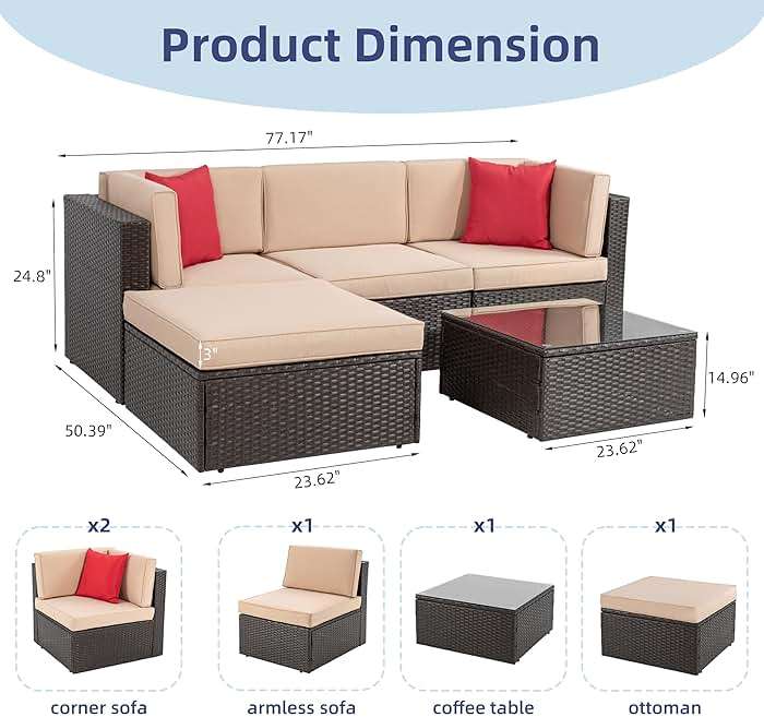 Vongrasig 5 Piece Patio Furniture Sets, Outdoor Patio Set Sectional Sofa, All-Weather PE Rattan Outdoor Couch with Ottoman, Glass Table for Garden, Backyard, Porch, Beige - Image 2