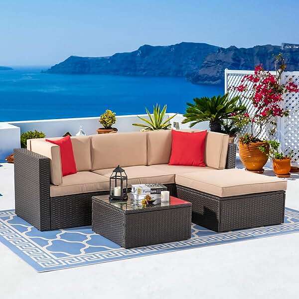 Vongrasig 5 Piece Patio Furniture Sets, Outdoor Patio Set Sectional Sofa, All-Weather PE Rattan Outdoor Couch with Ottoman, Glass Table for Garden, Backyard, Porch, Beige - Image 3