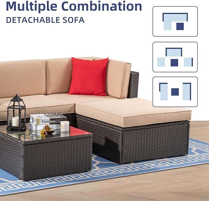Vongrasig 5 Piece Patio Furniture Sets, Outdoor Patio Set Sectional Sofa, All-Weather PE Rattan Outdoor Couch with Ottoman, Glass Table for Garden, Backyard, Porch, Beige - Image 6