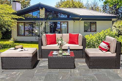 Vongrasig 5 Piece Patio Furniture Sets, Outdoor Patio Set Sectional Sofa, All-Weather PE Rattan Outdoor Couch with Ottoman, Glass Table for Garden, Backyard, Porch, Beige - Image 8