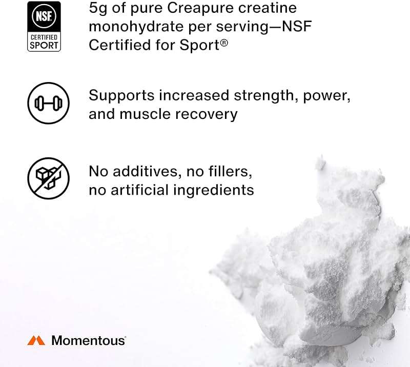 Momentous Creatine Monohydrate Powder - Creatine Powder - Supports Strength, Lean Muscle, & Recovery for Men & Women - NSF Certified for Sport - 5 g per Serving - 90 Servings - Image 2