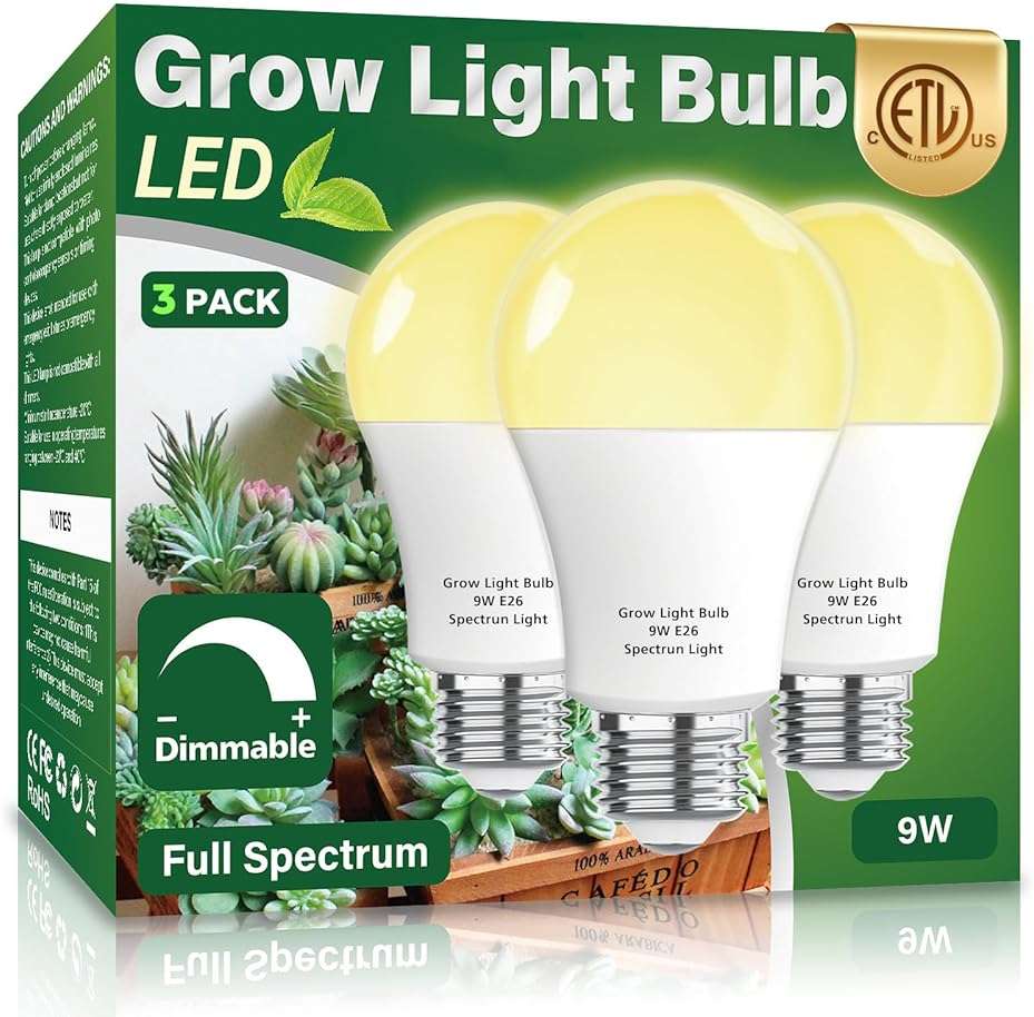Wiyifada 3 Pack Full Spectrum Grow Light Bulbs,A19 Grow Lights for Indoor Plants,Dimmable E26 9W Grow Bulb Replace up to 100W,Plant Lights for Indoor Growing,Flowers,Greenhouse,Indore - Image 1
