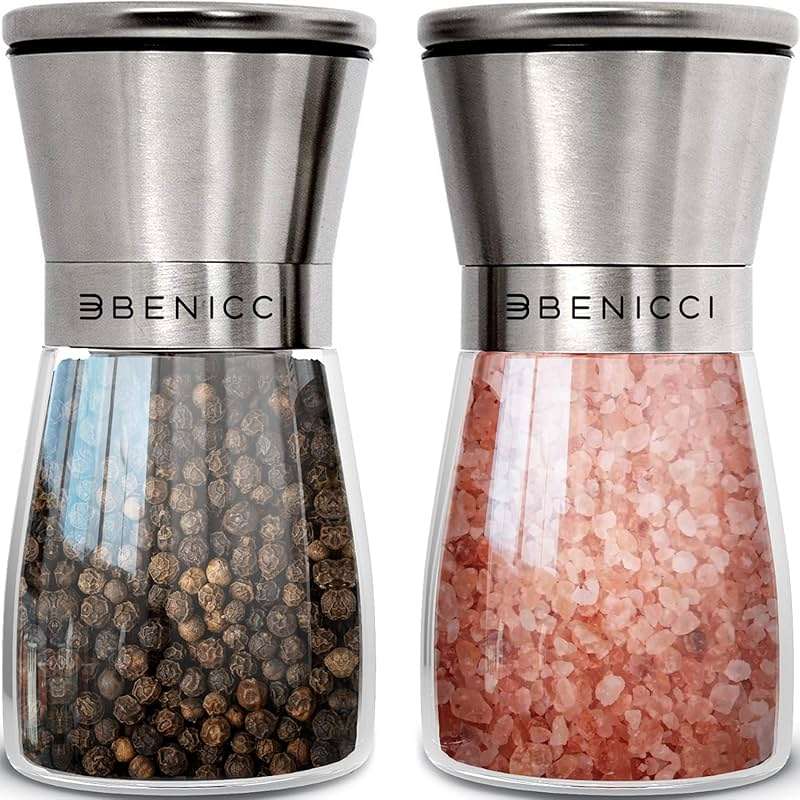 Stainless Steel Salt and Pepper Grinder Set of 2 (5oz) – Manual Adjustable Ceramic Mills – Grinders with 5 Coarseness Levels – Refillable Glass Shakers, No Batteries – Includes Spoon & Brush - Image 1