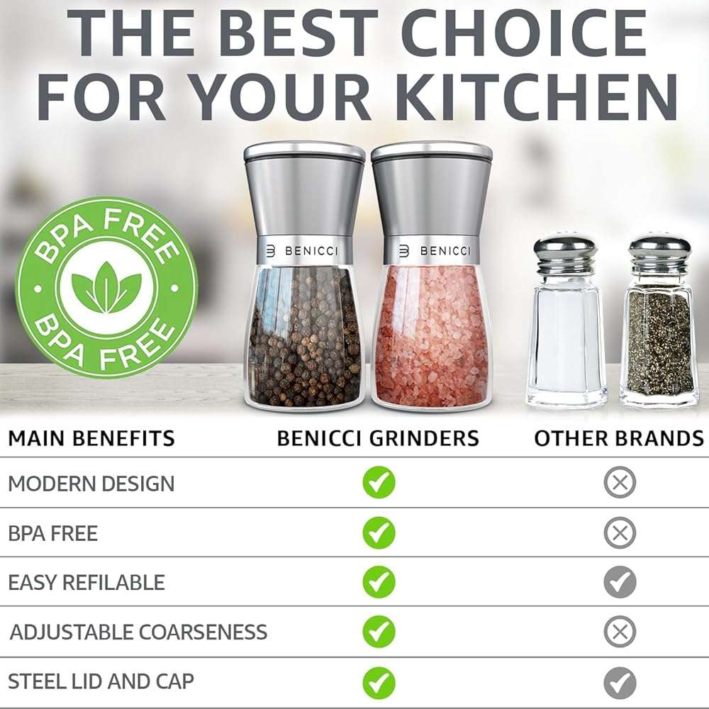 Stainless Steel Salt and Pepper Grinder Set of 2 (5oz) – Manual Adjustable Ceramic Mills – Grinders with 5 Coarseness Levels – Refillable Glass Shakers, No Batteries – Includes Spoon & Brush - Image 4
