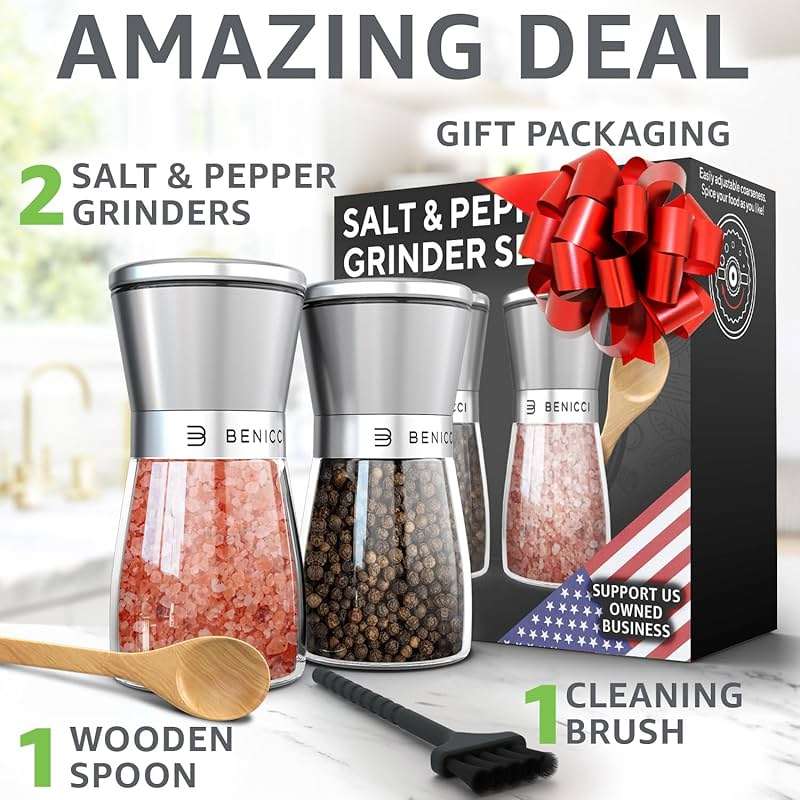 Stainless Steel Salt and Pepper Grinder Set of 2 (5oz) – Manual Adjustable Ceramic Mills – Grinders with 5 Coarseness Levels – Refillable Glass Shakers, No Batteries – Includes Spoon & Brush - Image 5