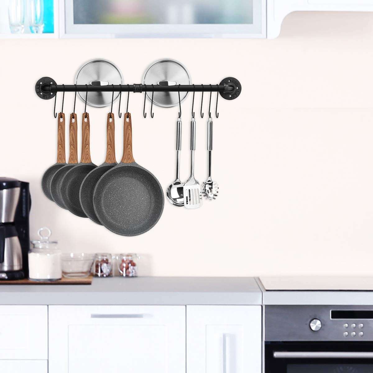 Toplife 31.5 inch Pot Rack, Kitchen Wall Mounted Detachable Pan Lid Utensils Organizer Hanging Rail with 14 Hooks, Black - Image 2