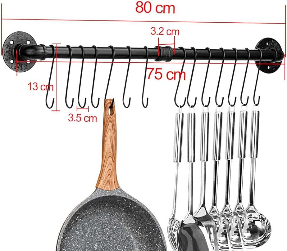 Toplife 31.5 inch Pot Rack, Kitchen Wall Mounted Detachable Pan Lid Utensils Organizer Hanging Rail with 14 Hooks, Black - Image 3