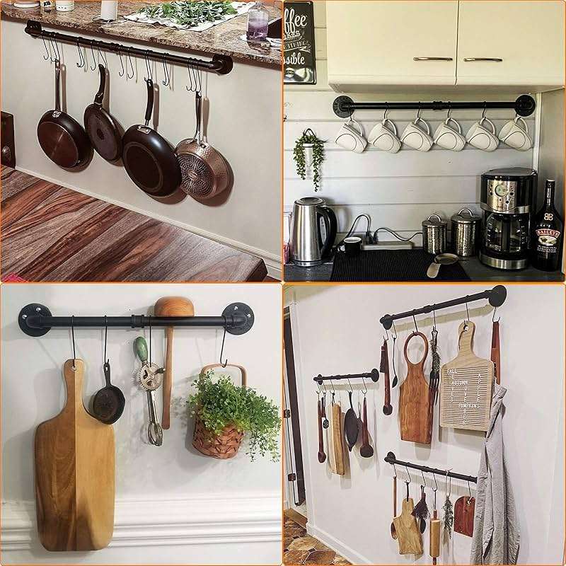 Toplife 31.5 inch Pot Rack, Kitchen Wall Mounted Detachable Pan Lid Utensils Organizer Hanging Rail with 14 Hooks, Black - Image 4
