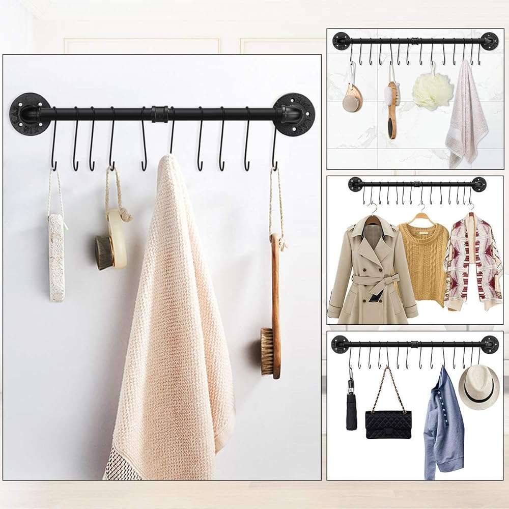 Toplife 31.5 inch Pot Rack, Kitchen Wall Mounted Detachable Pan Lid Utensils Organizer Hanging Rail with 14 Hooks, Black - Image 5