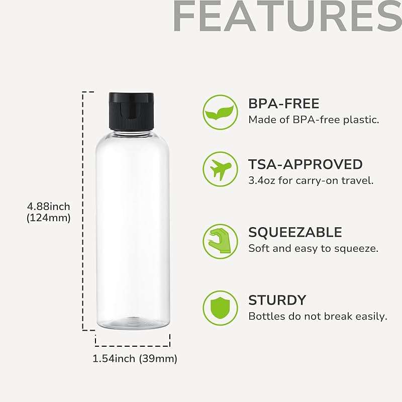 LISAPACK 3.4 oz Travel Bottles for Toiletries, Plastic Travel Size Containers for Shampoo Conditioner TSA Approved, Empty Small Squeeze for Lotion, Leak Proof Mini Liquid Tube for Refillable Clear - Image 2