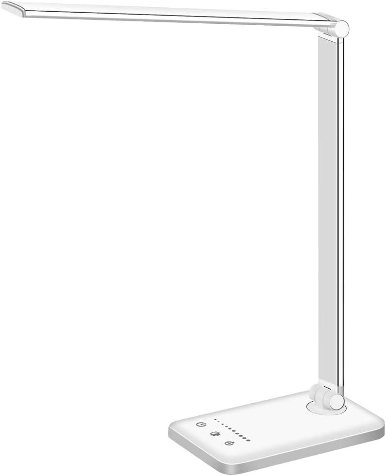 White crown LED Desk Lamp Dimmable Table Lamp Reading Lamp with USB Charging Port, 5 Lighting Modes, Sensitive Control, 30/60 Minutes Timer (White, First-Generation) - Image 1