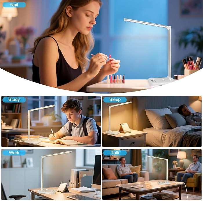 White crown LED Desk Lamp Dimmable Table Lamp Reading Lamp with USB Charging Port, 5 Lighting Modes, Sensitive Control, 30/60 Minutes Timer (White, First-Generation) - Image 6
