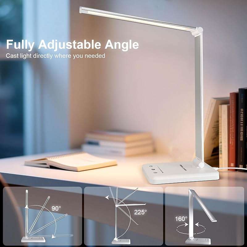 White crown LED Desk Lamp Dimmable Table Lamp Reading Lamp with USB Charging Port, 5 Lighting Modes, Sensitive Control, 30/60 Minutes Timer (White, First-Generation) - Image 10