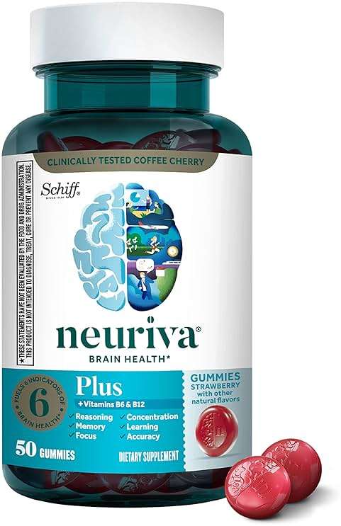 NEURIVA Plus Brain Supplements for Memory and Focus, Clinically Tested Nootropics Neurofactor and Phosphatidylserine with Vitamin B12, Vitamin B6, 50 Count Strawberry Gummies - Image 1