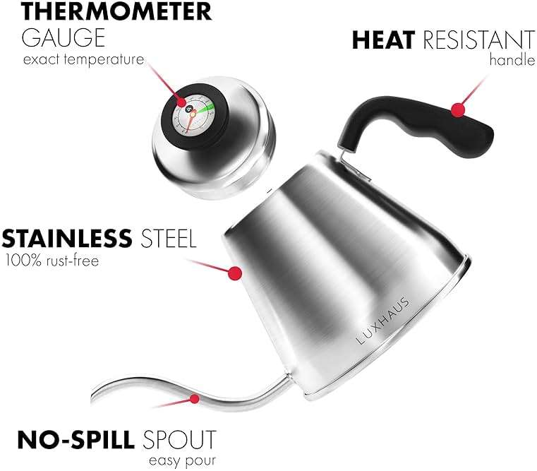 LuxHaus Pour Over Kettle - Gooseneck Kettle With Thermometer - Coffee and Tea Maker for Stovetop - 40oz - Image 2