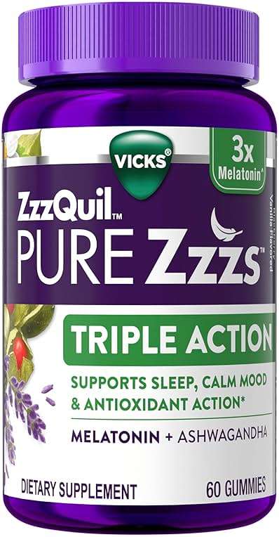 ZzzQuil PURE Zzzs Triple Action, Melatonin Gummies, Melatonin 6mg, 3X Melatonin, Sleep Aid with Ashwagandha, Calm Mood, Antioxidant Action, Sleep Aids for Adults, 60 Sleep Gummies - Image 2