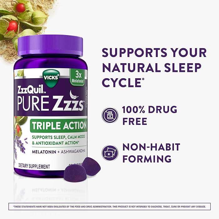 ZzzQuil PURE Zzzs Triple Action, Melatonin Gummies, Melatonin 6mg, 3X Melatonin, Sleep Aid with Ashwagandha, Calm Mood, Antioxidant Action, Sleep Aids for Adults, 60 Sleep Gummies - Image 4