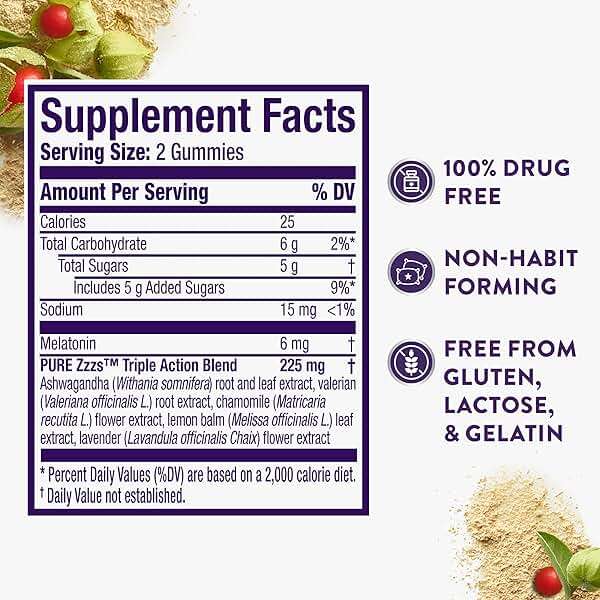 ZzzQuil PURE Zzzs Triple Action, Melatonin Gummies, Melatonin 6mg, 3X Melatonin, Sleep Aid with Ashwagandha, Calm Mood, Antioxidant Action, Sleep Aids for Adults, 60 Sleep Gummies - Image 7