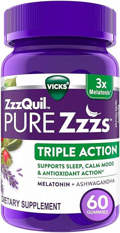 ZzzQuil PURE Zzzs Triple Action, Melatonin Gummies, Melatonin 6mg, 3X Melatonin, Sleep Aid with Ashwagandha, Calm Mood, Antioxidant Action, Sleep Aids for Adults, 60 Sleep Gummies - Image 8