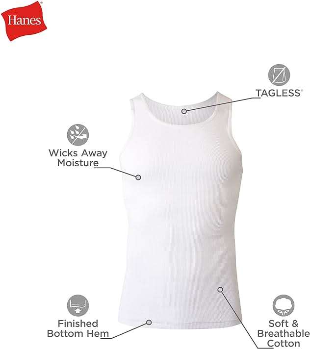 Hanes Men's Tank Undershirt Pack, Cotton Tank Undershirt, Moisture-Wicking, Breathable, White or Grey/Black, Multi-Pack - Image 6