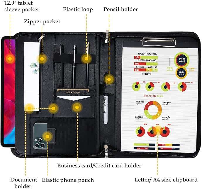 ProCase Portfolio Business Padfolio Folder with Zipper, Conference Meeting Executive File Legal Document Organizer with Pockets Letter Size A4 Writing Pad Notepad Padfolio -Black - Image 2