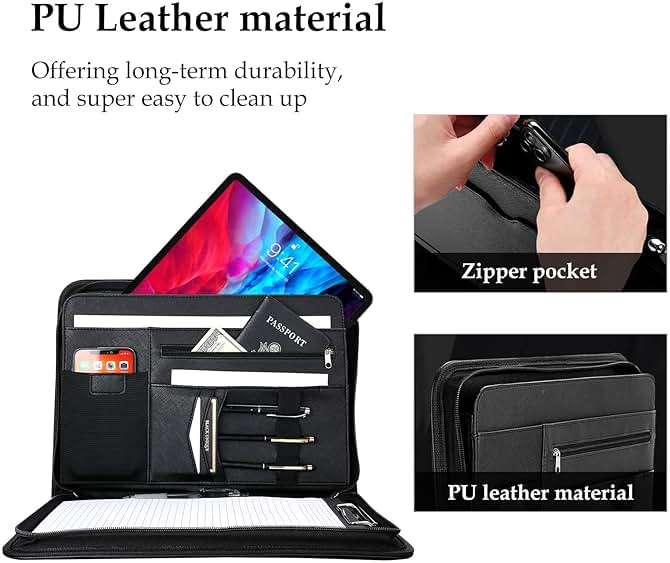 ProCase Portfolio Business Padfolio Folder with Zipper, Conference Meeting Executive File Legal Document Organizer with Pockets Letter Size A4 Writing Pad Notepad Padfolio -Black - Image 4