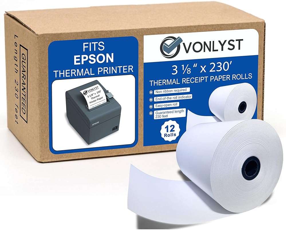 3 1/8 x 230 Thermal POS Rolls for Epson Printers, BPA Free Thermal Printing Compatible with TM-T88 TM-T70 TM-T80 TM-T85 TM-H6000 T90 Series, Credit Card Machine & POS Printer Supplies, Pack of 12 - Image 1