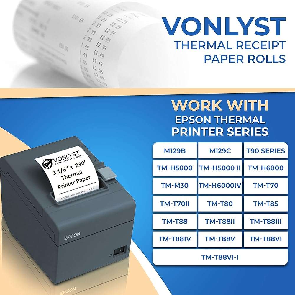 3 1/8 x 230 Thermal POS Rolls for Epson Printers, BPA Free Thermal Printing Compatible with TM-T88 TM-T70 TM-T80 TM-T85 TM-H6000 T90 Series, Credit Card Machine & POS Printer Supplies, Pack of 12 - Image 2