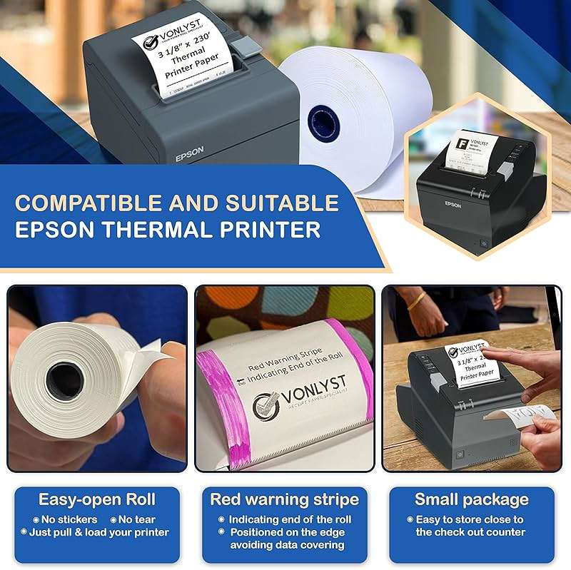 3 1/8 x 230 Thermal POS Rolls for Epson Printers, BPA Free Thermal Printing Compatible with TM-T88 TM-T70 TM-T80 TM-T85 TM-H6000 T90 Series, Credit Card Machine & POS Printer Supplies, Pack of 12 - Image 4