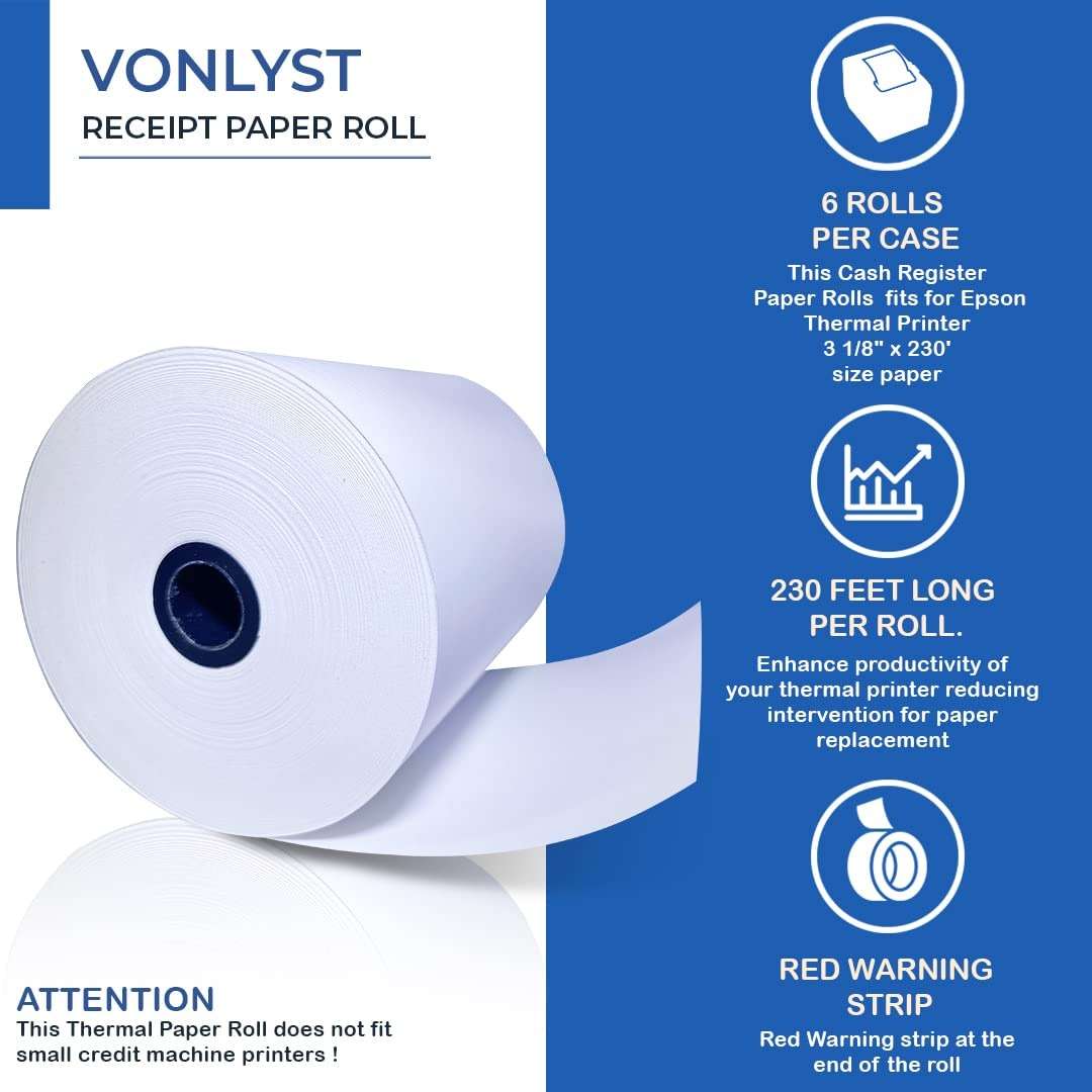 3 1/8 x 230 Thermal POS Rolls for Epson Printers, BPA Free Thermal Printing Compatible with TM-T88 TM-T70 TM-T80 TM-T85 TM-H6000 T90 Series, Credit Card Machine & POS Printer Supplies, Pack of 12 - Image 6