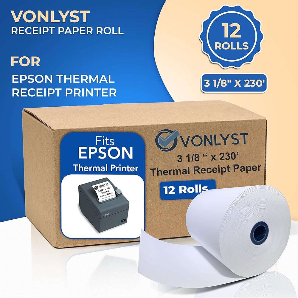 3 1/8 x 230 Thermal POS Rolls for Epson Printers, BPA Free Thermal Printing Compatible with TM-T88 TM-T70 TM-T80 TM-T85 TM-H6000 T90 Series, Credit Card Machine & POS Printer Supplies, Pack of 12 - Image 7