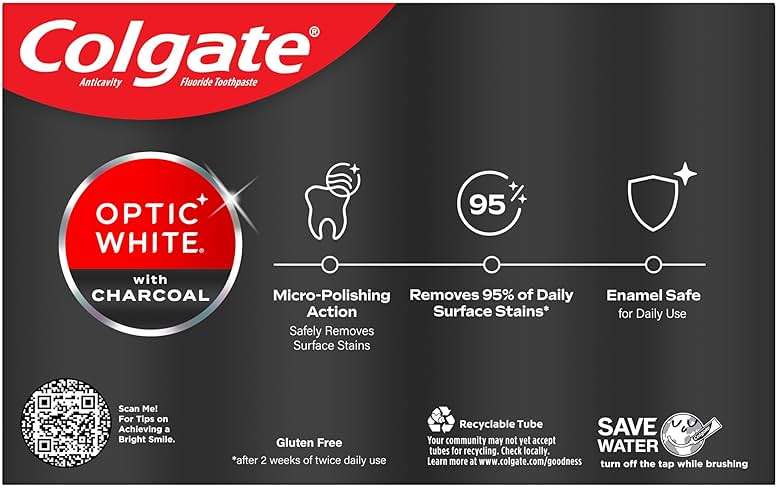 Colgate Optic White Whitening Toothpaste with Charcoal, Whitening with Charcoal Toothpaste Pack, Removes Daily Surface Stains, Enamel-Safe for Daily Use, Vegan, Cool Mint Paste, 2 Pack, 4.2 oz - Image 10