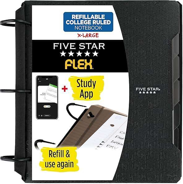 Five Star Flex Refillable Notebook + Study App, College Ruled Paper and 1-1/2 Inch TechLock Ring Binder with Pockets, Tabs and Dividers, 300 Sheet Capacity, Black (29324AA2) - Image 1