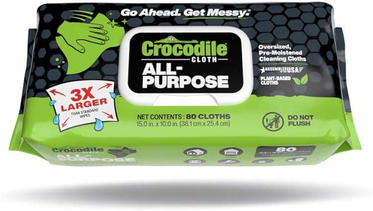 Crocodile Cloth All-Purpose Cleaning Wipes – 80 Count, 15"x10" Extra Large Plant-Based Disposable Cloths – Moist, Absorbent, Safe on Skin, Multi-Surface Use - Image 1