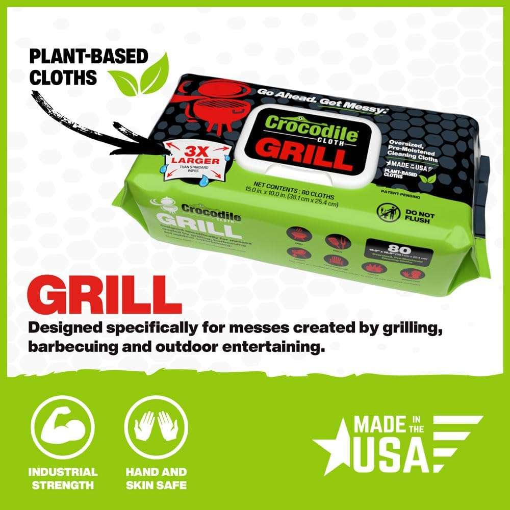 Crocodile Cloth Grill - 80 (15" x 10") Plant-based Cleaning Wipes. Safe on Skin & Multiple Surfaces. Infused with Aloe & Vitamin E. Large, Pre-Moistened & Absorbent. - Image 2
