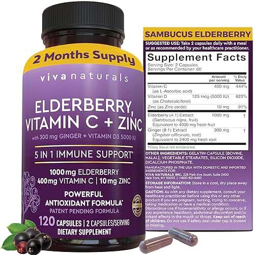 Viva Naturals Elderberry with Vitamin C and Zinc for Adults - 5 in 1 Sambucus Black Elderberry Capsules with Vitamin D3 5000 IU Immunity Supplement, Sambucus Elderberry Immune Support Supplement - Image 1
