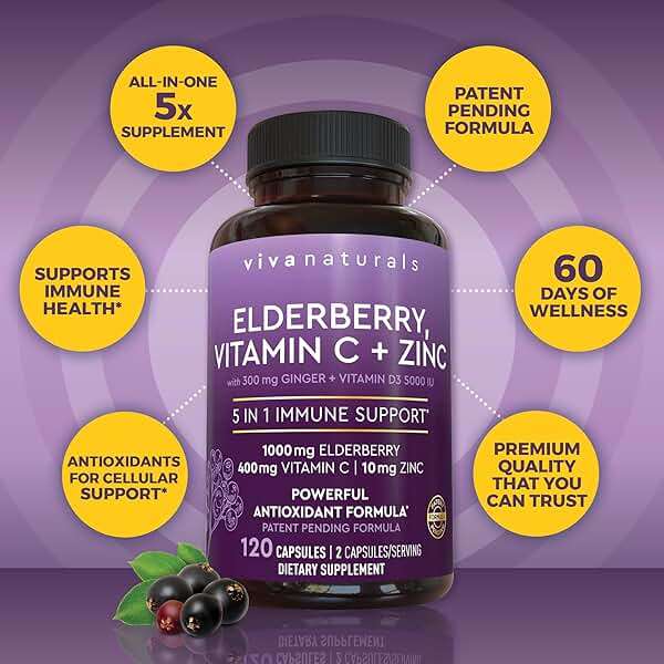 Viva Naturals Elderberry with Vitamin C and Zinc for Adults - 5 in 1 Sambucus Black Elderberry Capsules with Vitamin D3 5000 IU Immunity Supplement, Sambucus Elderberry Immune Support Supplement - Image 5
