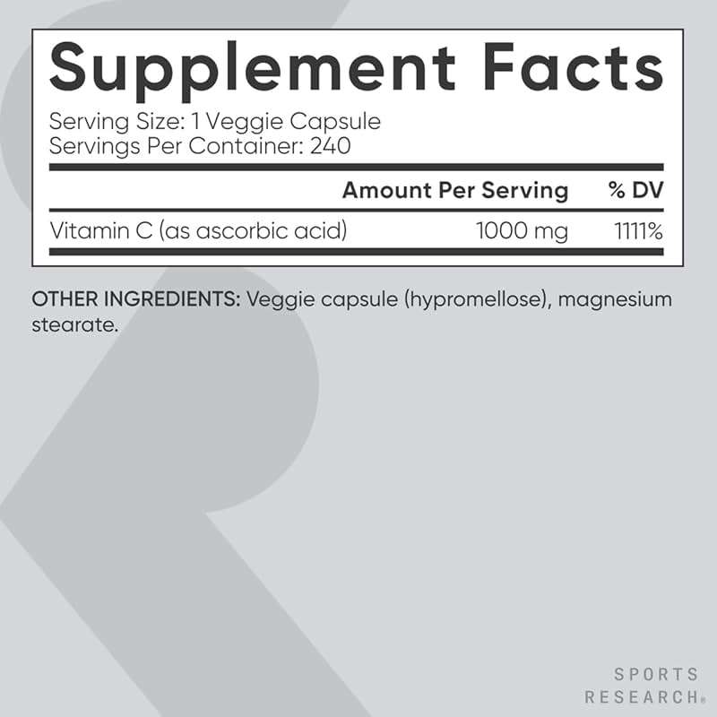 Sports Research® High Potency Vitamin C 1000mg, 240 Count Veggie Capsules | * Antioxidant Activity & Immune Support - Non-GMO Verified & Gluten Free - Ascorbic Acid Vitamin C, 240 Servings - Image 5
