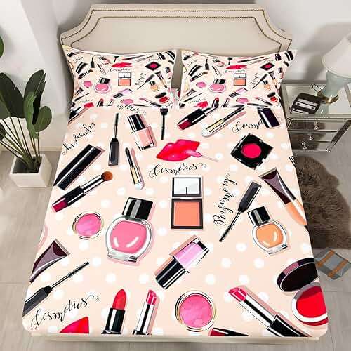 Erosebridal Fashion Bedding Set Makeup Cosmetic Theme Bed Cover Perfume Lipstick Modern Fitted Sheet Soft Microfiber Home Decor for Women Girls 1 Fitted Sheet with 1 Pillow Case Twin Size - Image 1
