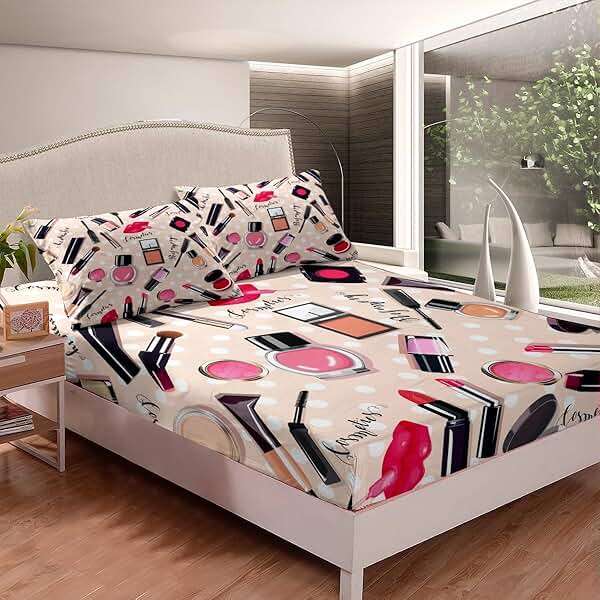 Erosebridal Fashion Bedding Set Makeup Cosmetic Theme Bed Cover Perfume Lipstick Modern Fitted Sheet Soft Microfiber Home Decor for Women Girls 1 Fitted Sheet with 1 Pillow Case Twin Size - Image 2