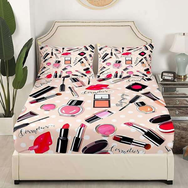 Erosebridal Fashion Bedding Set Makeup Cosmetic Theme Bed Cover Perfume Lipstick Modern Fitted Sheet Soft Microfiber Home Decor for Women Girls 1 Fitted Sheet with 1 Pillow Case Twin Size - Image 3