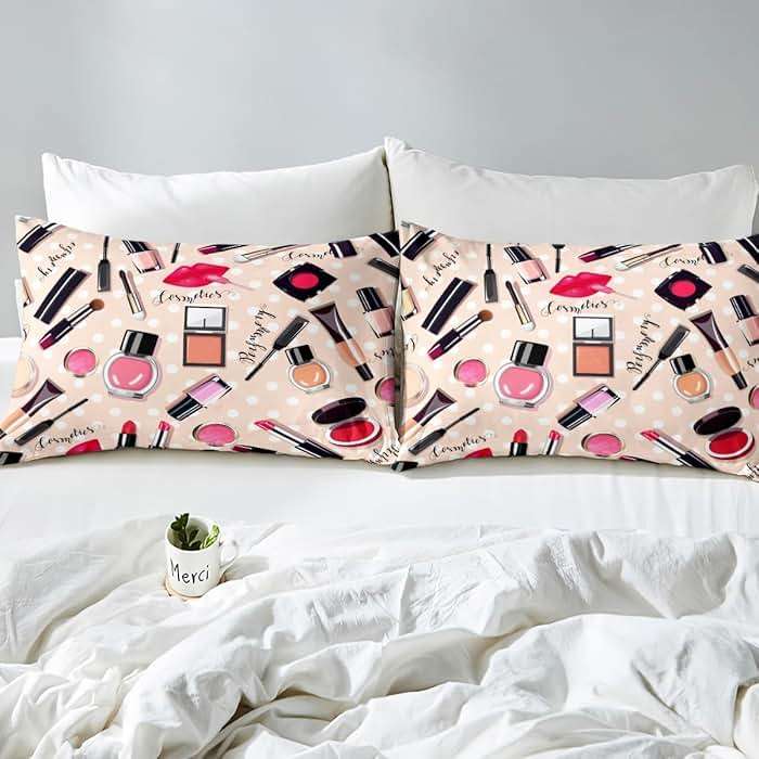 Erosebridal Fashion Bedding Set Makeup Cosmetic Theme Bed Cover Perfume Lipstick Modern Fitted Sheet Soft Microfiber Home Decor for Women Girls 1 Fitted Sheet with 1 Pillow Case Twin Size - Image 4