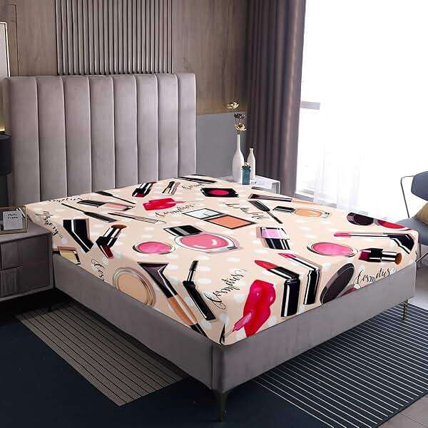 Erosebridal Fashion Bedding Set Makeup Cosmetic Theme Bed Cover Perfume Lipstick Modern Fitted Sheet Soft Microfiber Home Decor for Women Girls 1 Fitted Sheet with 1 Pillow Case Twin Size - Image 7