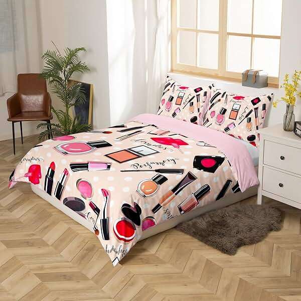 Erosebridal Fashion Bedding Set Makeup Cosmetic Theme Duvet Cover Perfume Lipstick Modern Comforter Cover Soft Microfiber Home Decor for Women Girls 1 Quilt Cover with 1 Pillow Case Twin Size - Image 2