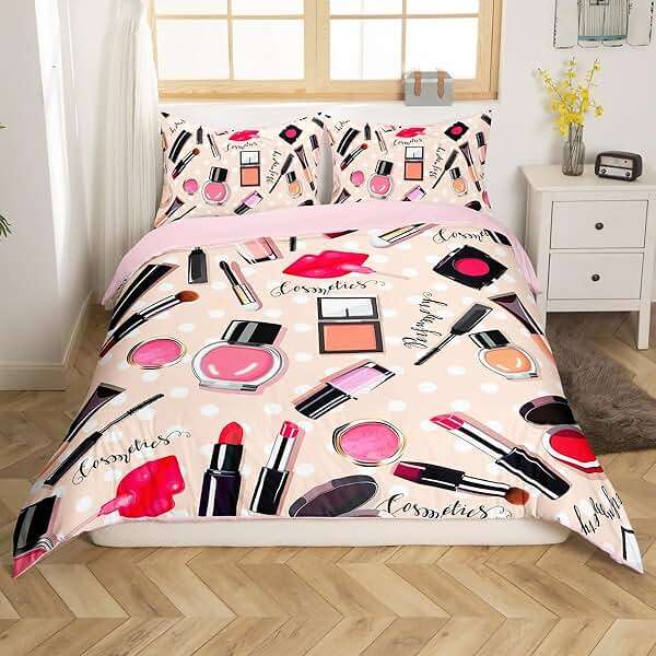 Erosebridal Fashion Bedding Set Makeup Cosmetic Theme Duvet Cover Perfume Lipstick Modern Comforter Cover Soft Microfiber Home Decor for Women Girls 1 Quilt Cover with 1 Pillow Case Twin Size - Image 3