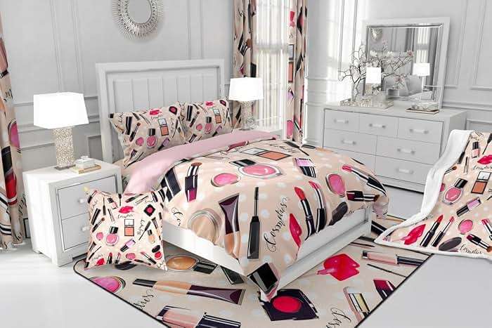 Erosebridal Fashion Bedding Set Makeup Cosmetic Theme Duvet Cover Perfume Lipstick Modern Comforter Cover Soft Microfiber Home Decor for Women Girls 1 Quilt Cover with 1 Pillow Case Twin Size - Image 4
