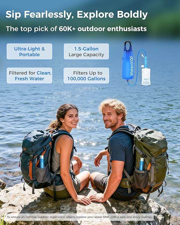 Waterdrop Gravity Water Filter Straw, Camping Water Filtration System, Water Purifier Survival for Travel, Backpacking and Emergency Preparedness, 1.5 gal Bag, 5 Stage Filtration, Pack of 1 - Image 2